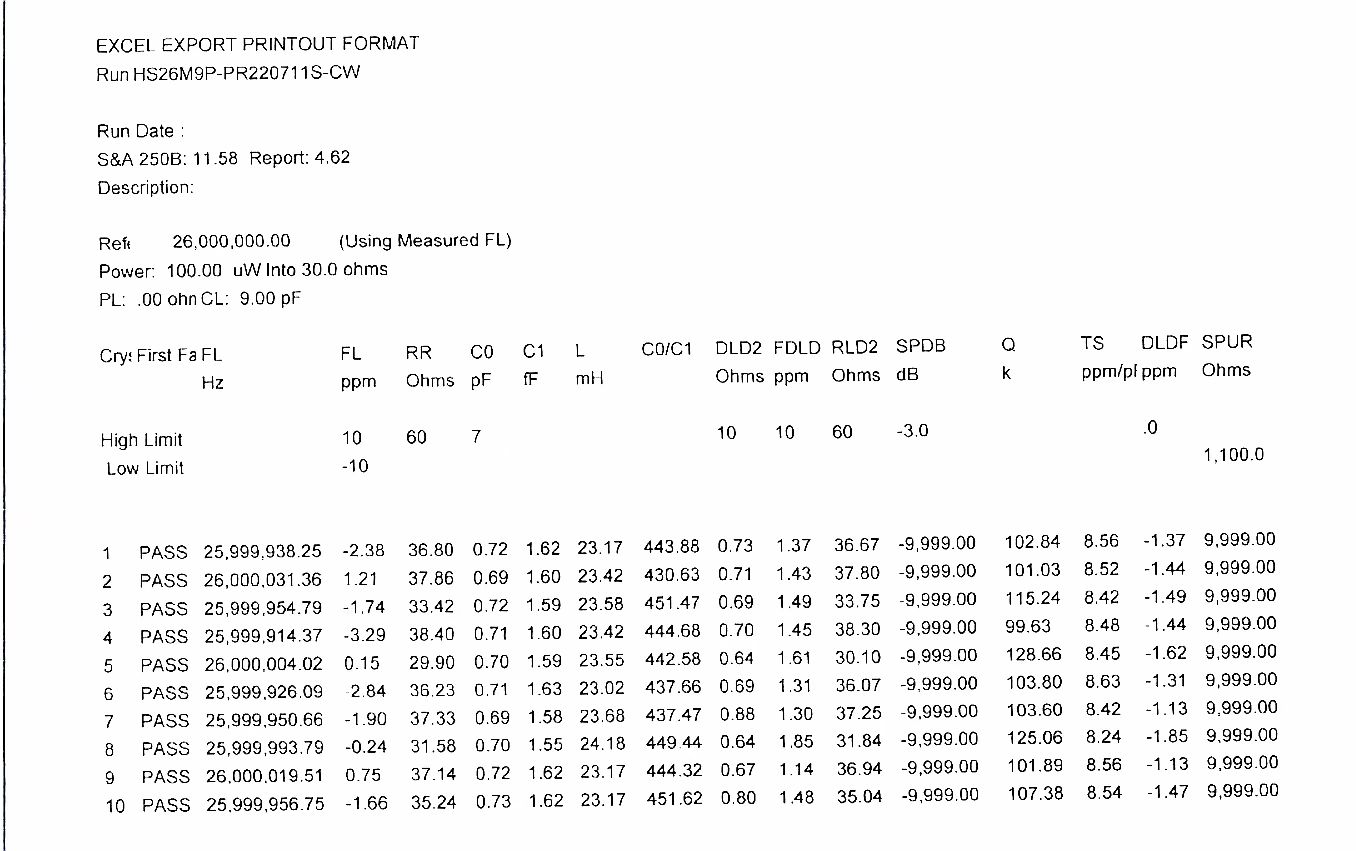 SMD2016无源贴片晶振 26MHz 9PF &plusmn;10PPM规格参数及测试数据