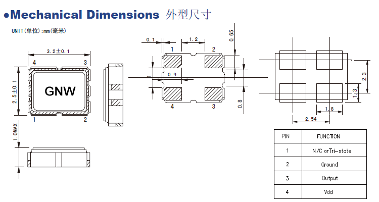 贴片无源晶振SMD3225/贴片有源OSC3225封装尺寸及电气参数